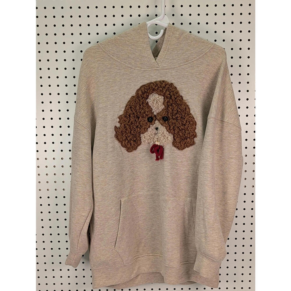 Baizi‎ Chow Hoodie Dog Embroidered Sweatshirt Brown Beige Cotton Blend Small
